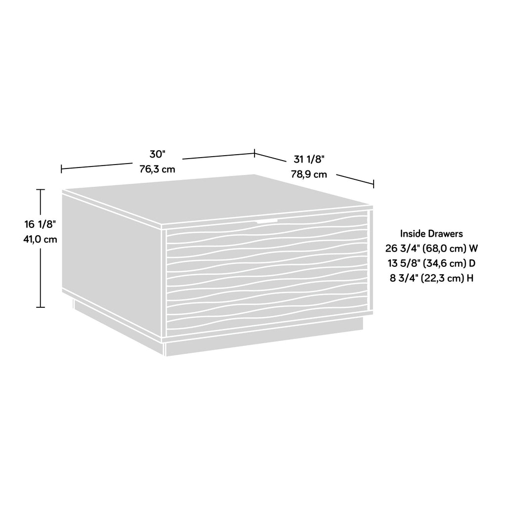 Dimension diagram of the white coffee table with drawers, showing measurements and internal drawer space for storage planning.