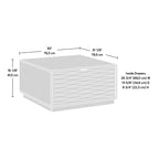Dimension diagram of the white coffee table with drawers, showing measurements and internal drawer space for storage planning.