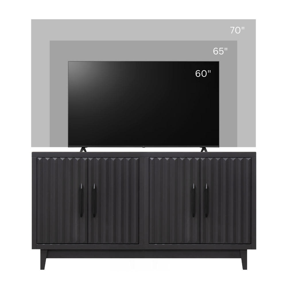 64 inch black cabinet shown with TV size guide up to 70 inches. Fully assembled and perfect for media and storage use.