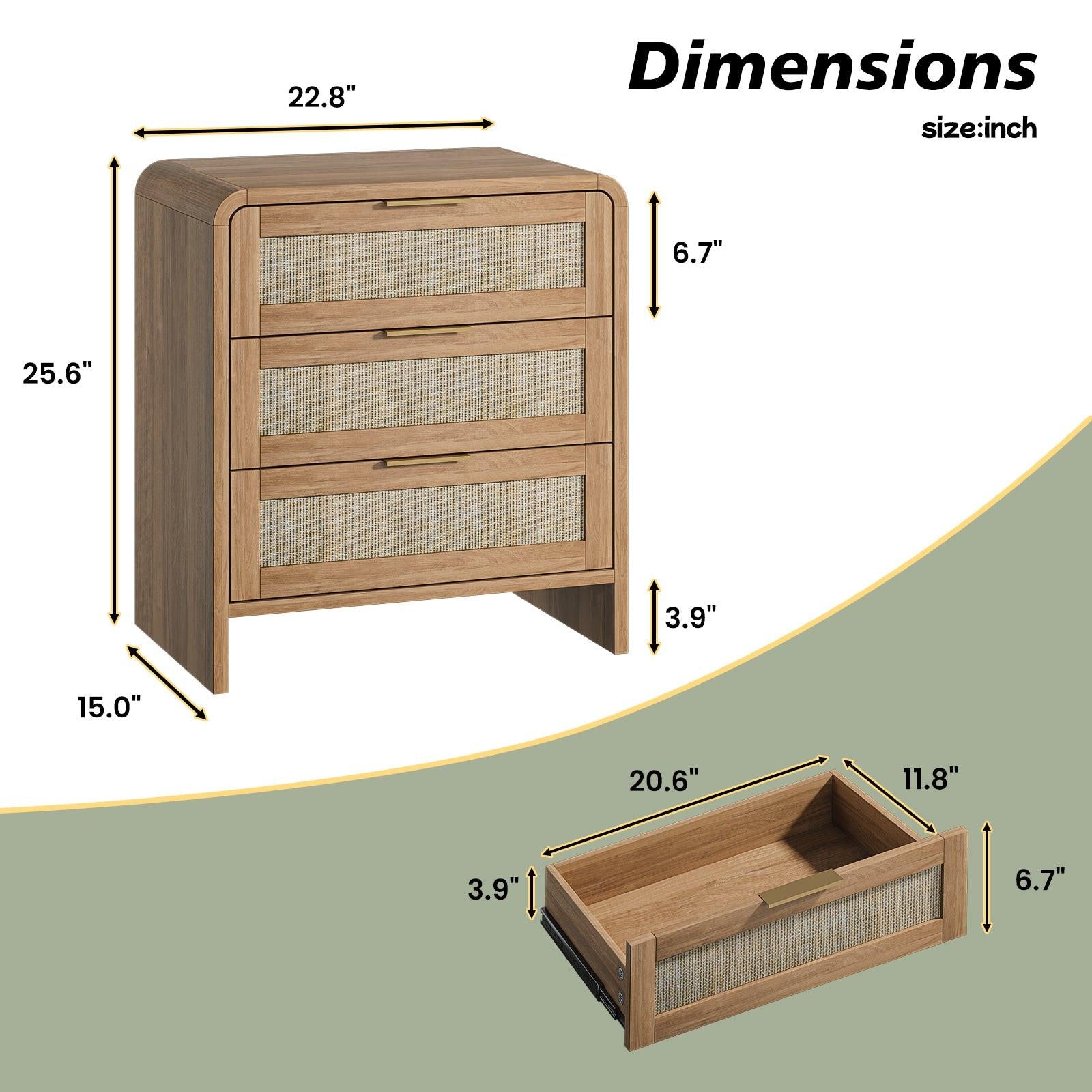 Rattan Nightstand with 3 Drawers for Modern Bedrooms.