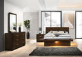 Tokyo 4-piece cappuccino bedroom set with LED under-bed lighting, platform bed, dresser, mirror, and matching nightstand.