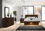 Tokyo 4-piece cappuccino bedroom set with LED under-bed lighting, platform bed, dresser, mirror, and matching nightstand.