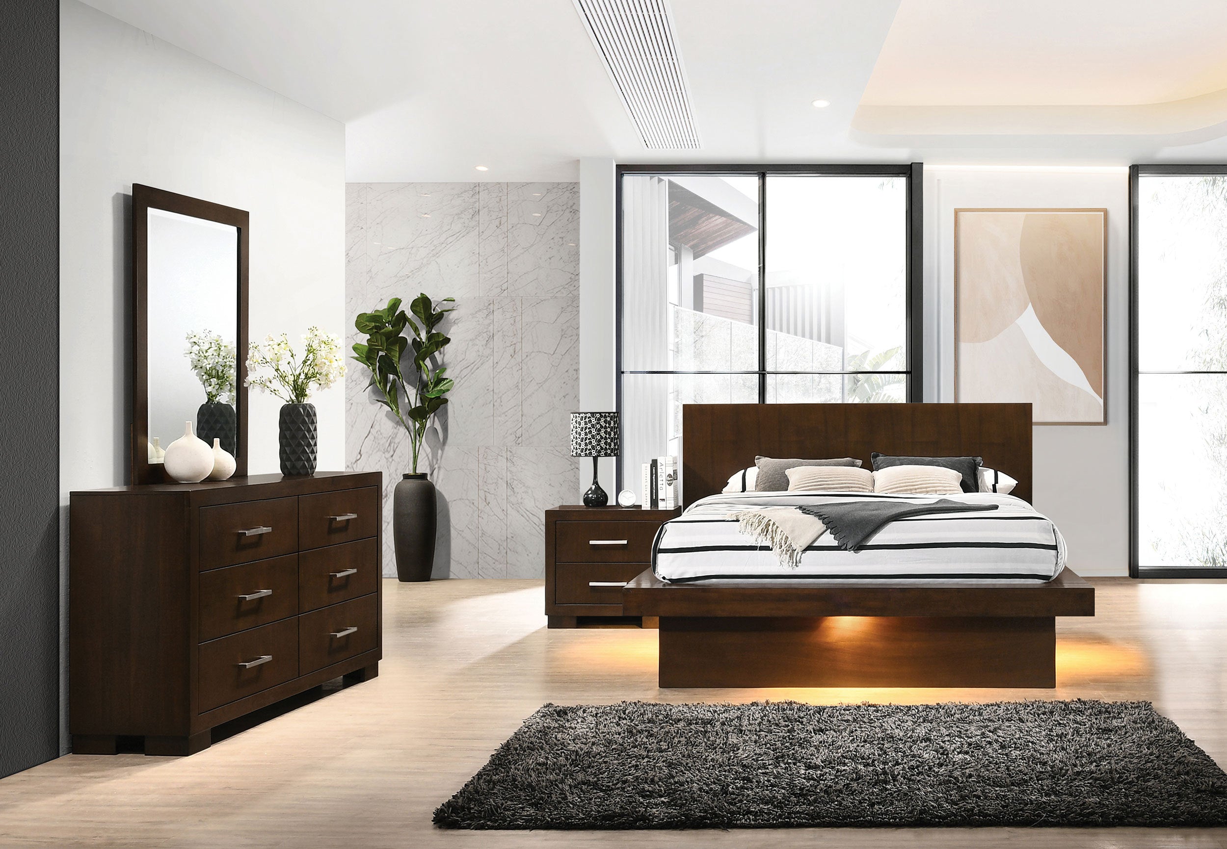 Tokyo 4-piece cappuccino bedroom set with LED under-bed lighting, platform bed, dresser, mirror, and matching nightstand.