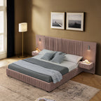 Top view of queen size upholstered bed frame with headboard and bedside tables, showcasing modern design and soft fabric finish.