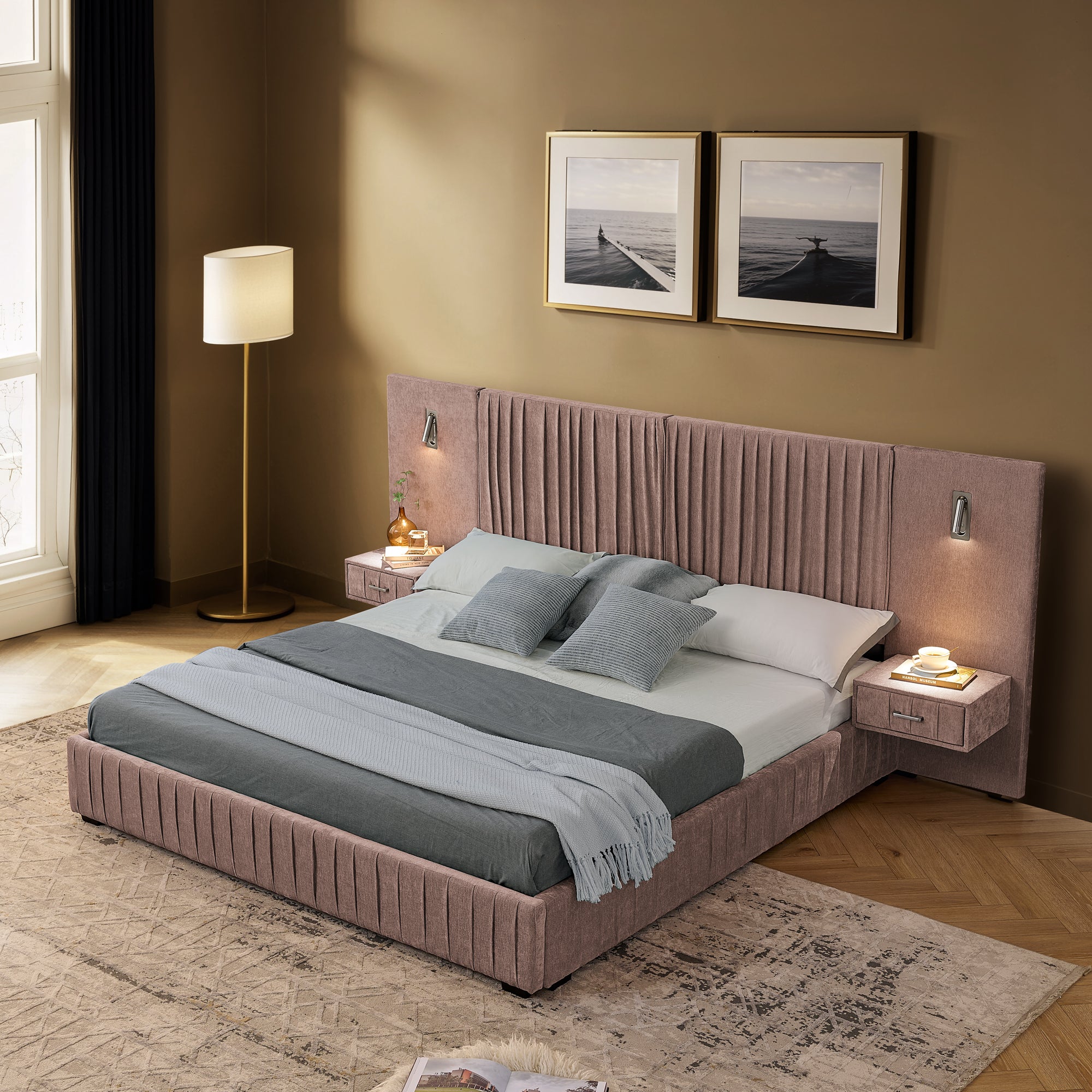 Top view of queen size upholstered bed frame with headboard and bedside tables, showcasing modern design and soft fabric finish.