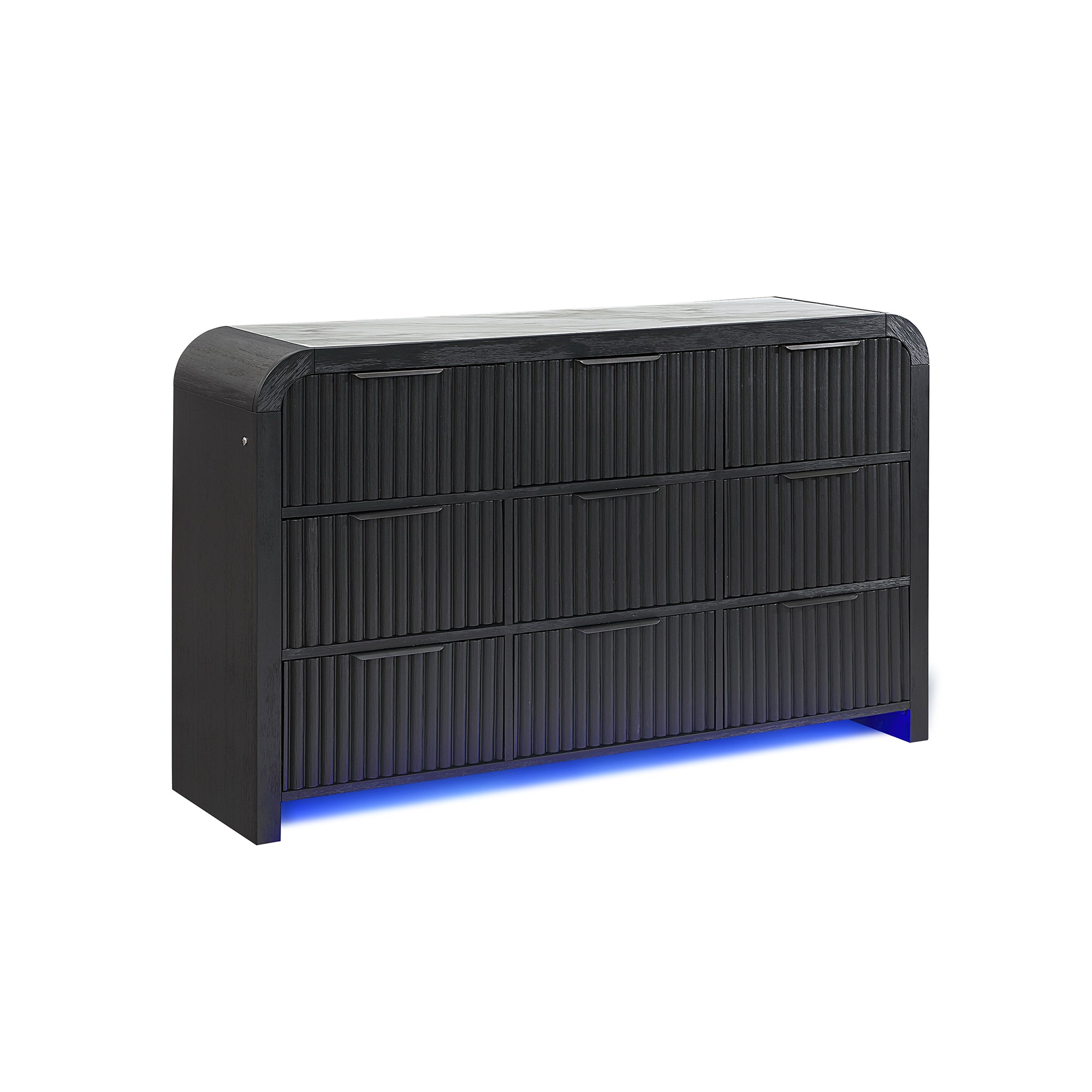 Beverly White and Black Fluted Dresser with LED Light, Spacious Drawers, Edge Pulls, Rubber Wood, 63.25in L x 18in W x 38in H