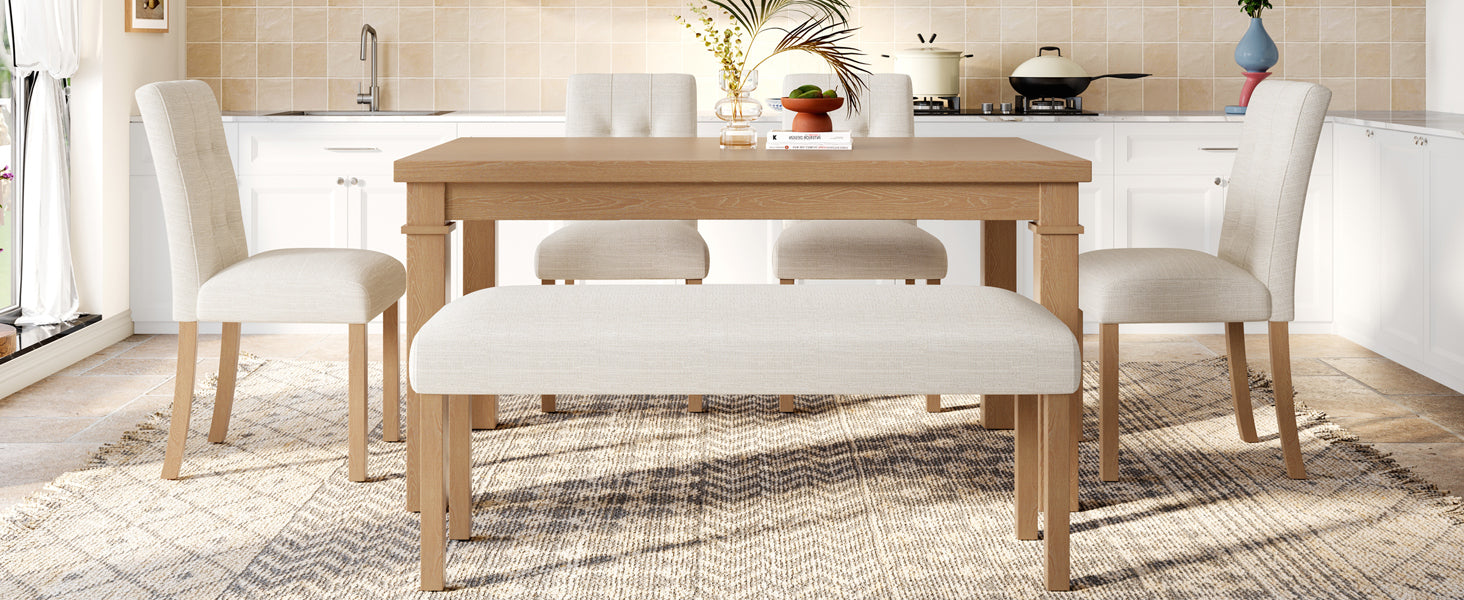 6-Piece Modern Dining Set, Rectangle Kitchen Table with 4 Upholstered Chairs & Bench, Ideal for Dining Room and Living Room, (Easy Assembly, Space Saving)