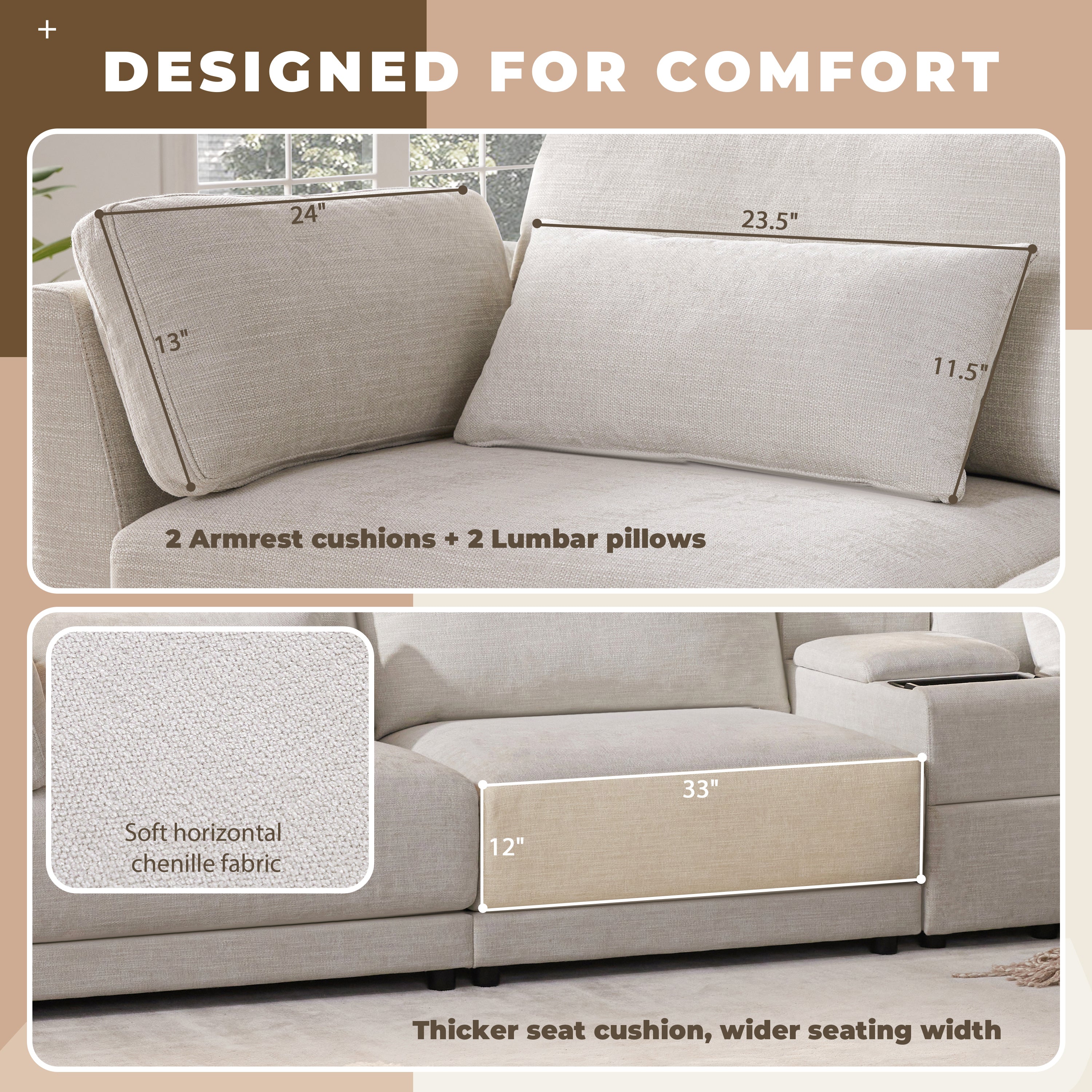 Comfort-focused design of sectional sofa with chenille fabric, thick seat cushions, armrest cushions, and lumbar pillows for support.