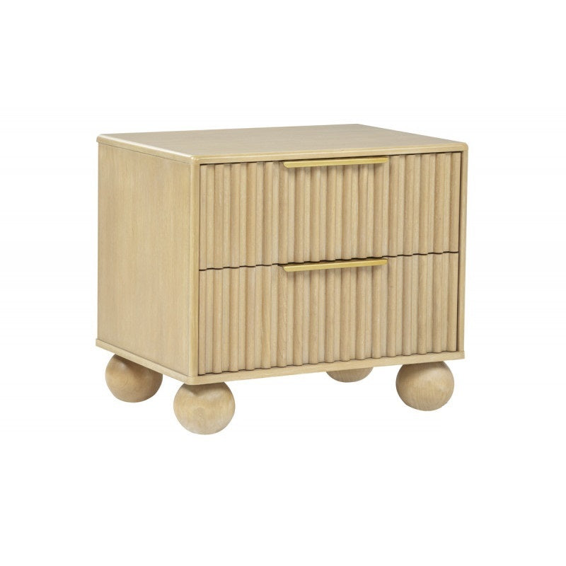 Modern light oak nightstand with two drawers, fluted front panels, gold pulls, and rounded spherical legs.