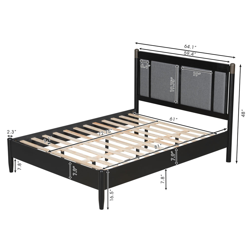 Solid Wood Queen Bed - Heavy Duty, Support 500 lbs - Black Headboard.