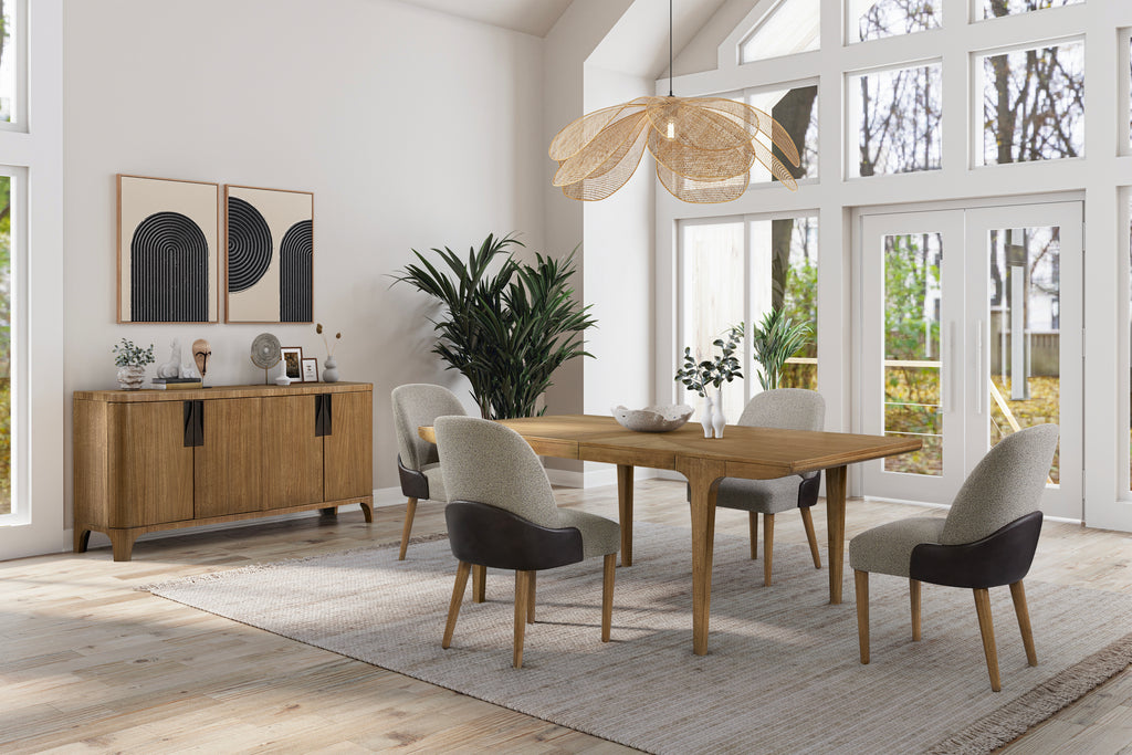 Eucalyptus Server Furniture - Solid Wood & MDF buffet in a bright dining room, paired with a wood table and upholstered chairs.
