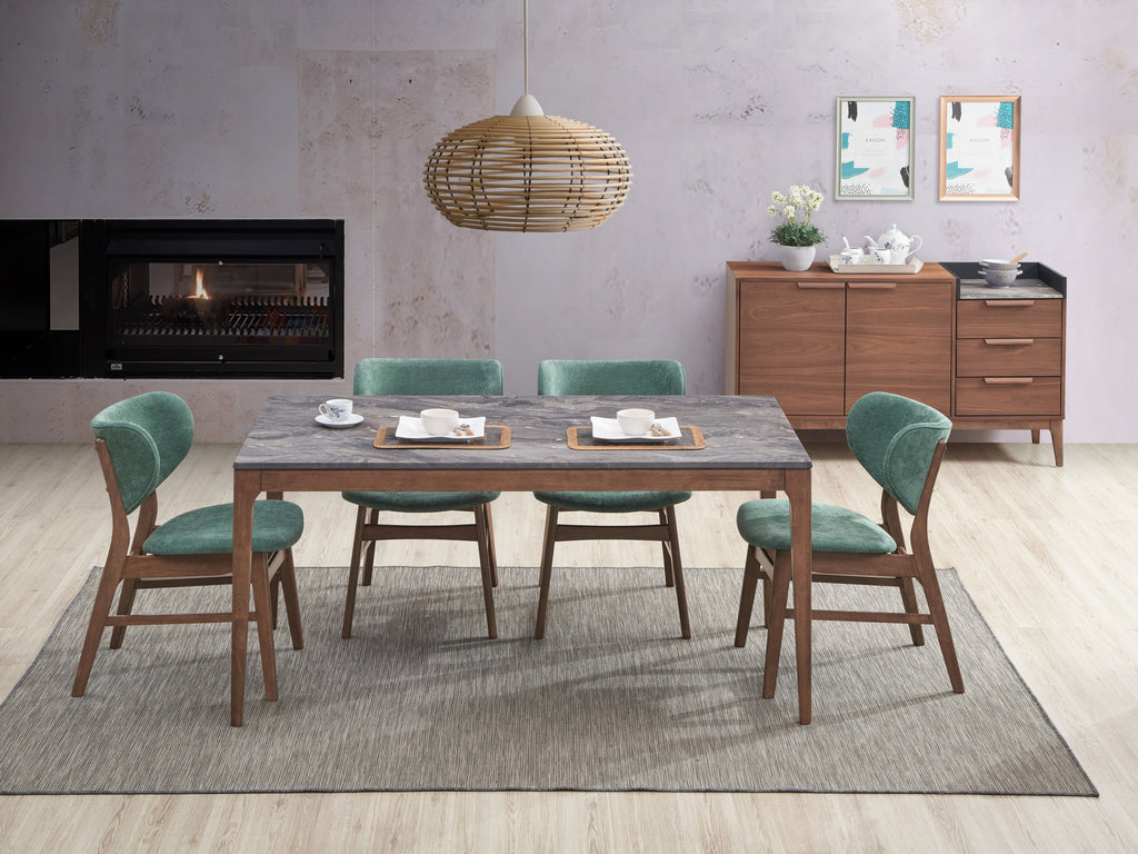 Contemporary 5-piece walnut dining set with faux marble table and green chairs, perfect for modern interiors with a cozy fireplace backdrop.