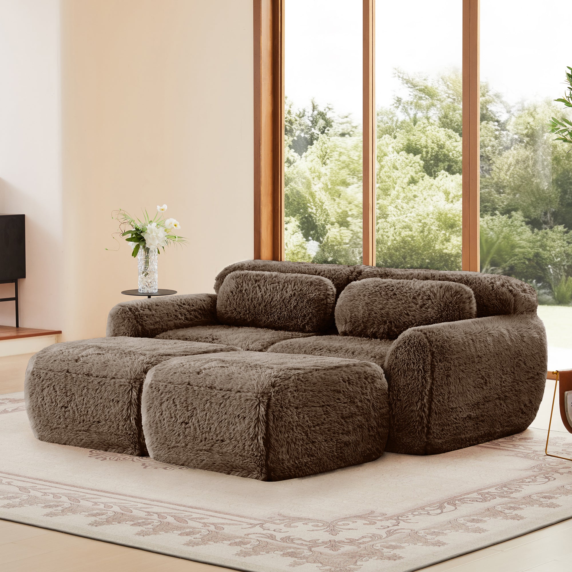 Modular Sofa - Plush, No Assembly | 80'' Fabric, Anti-Slip; side angle of plush brown sectional sofa with anti-slip base and no visible assembly.