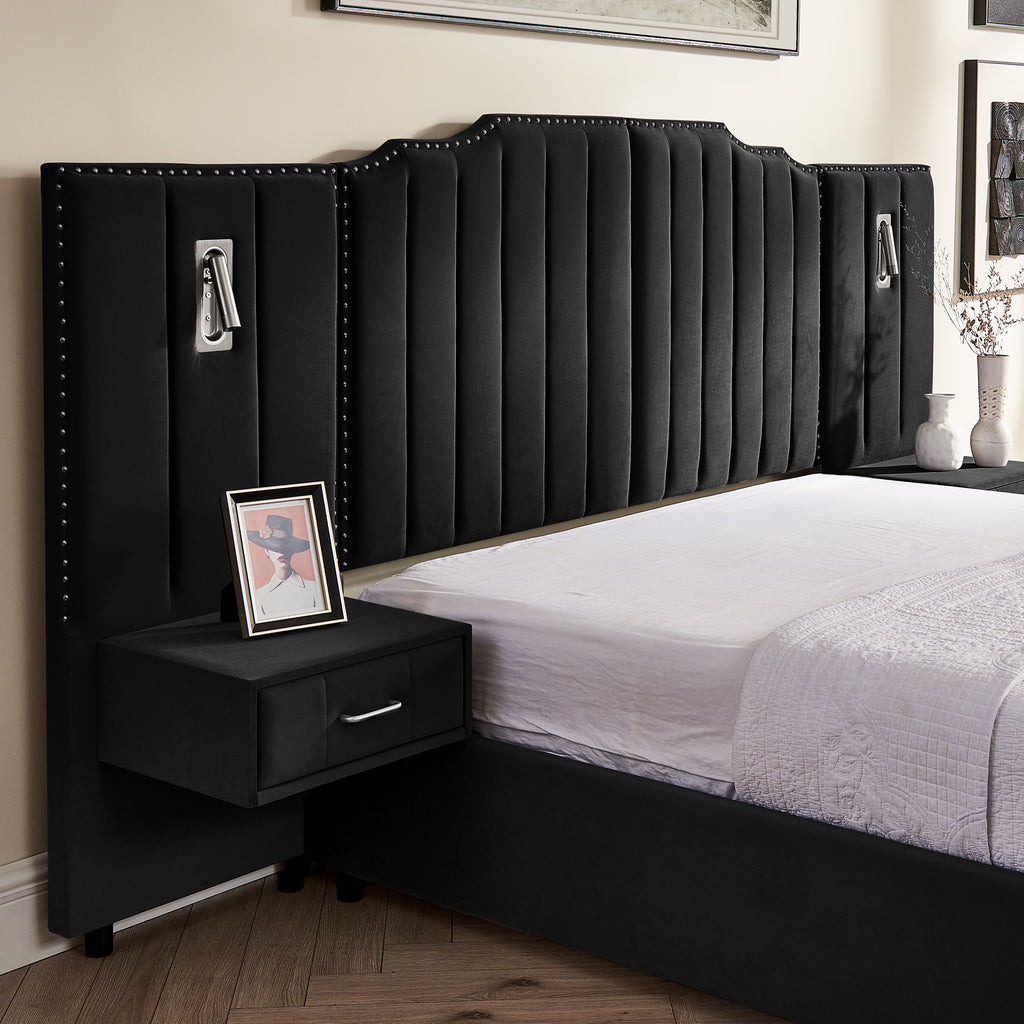 Close-up of black velvet headboard with vertical stripes and attached bedside table, showcasing elegant craftsmanship and storage.