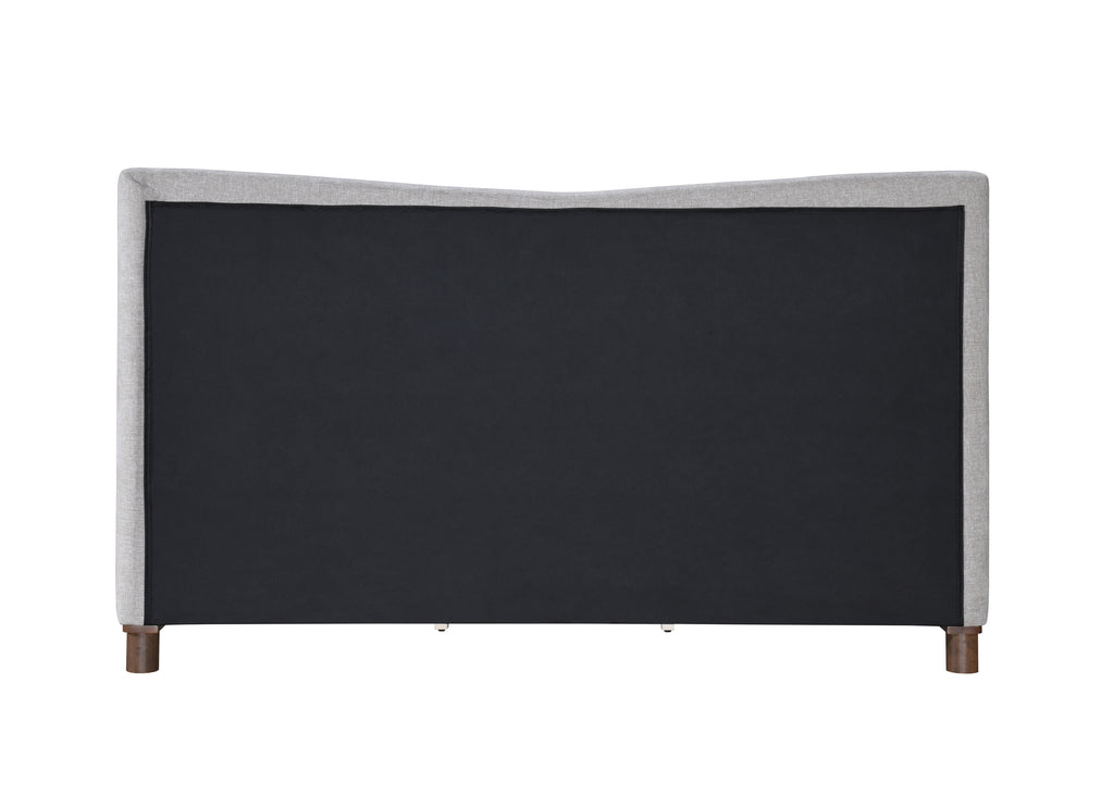 Back view of Melbourne Queen Bed in Gray Chenille. Upholstered headboard with clean black fabric backing and wooden legs.