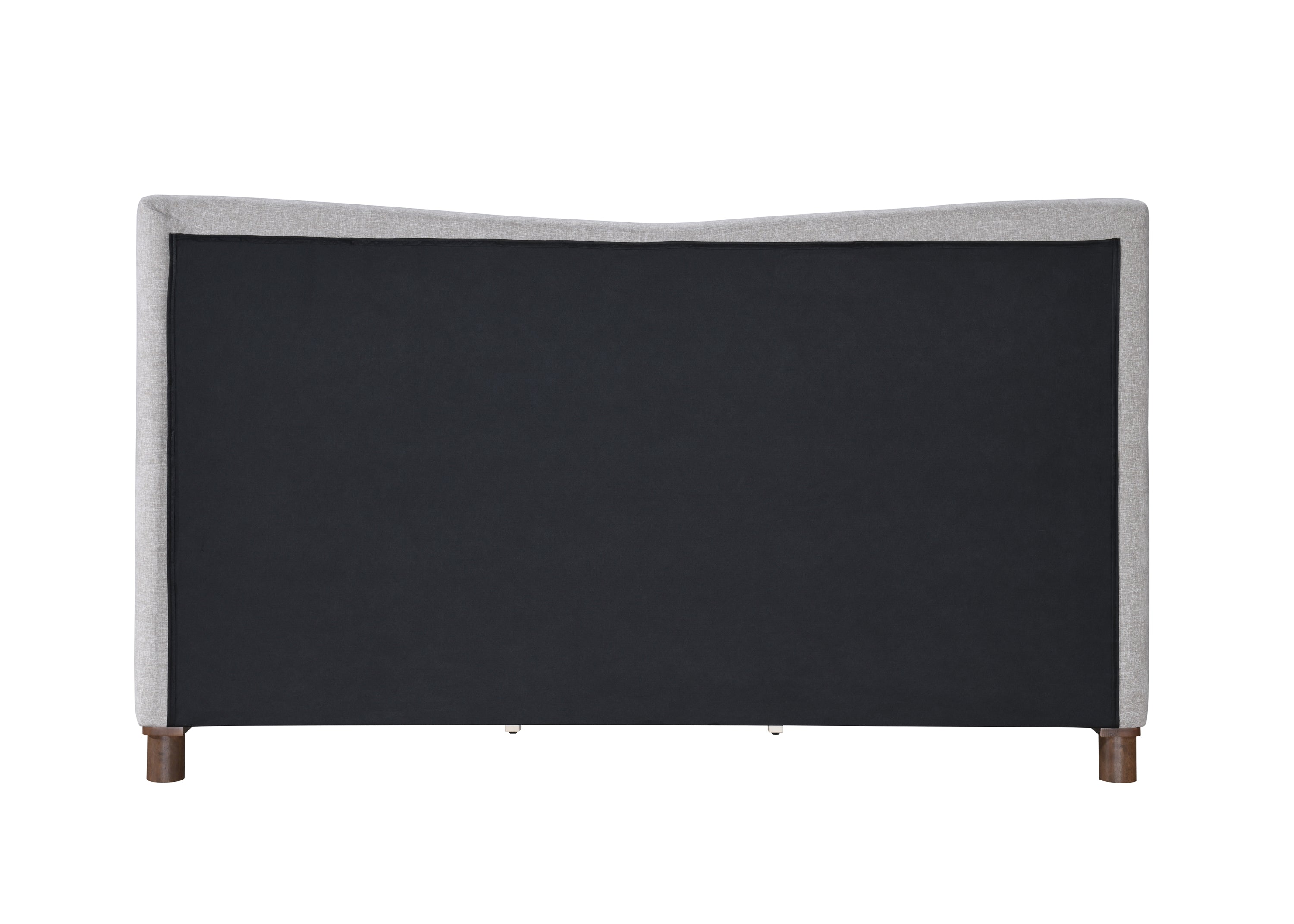 Back view of Melbourne Queen Bed in Gray Chenille. Upholstered headboard with clean black fabric backing and wooden legs.