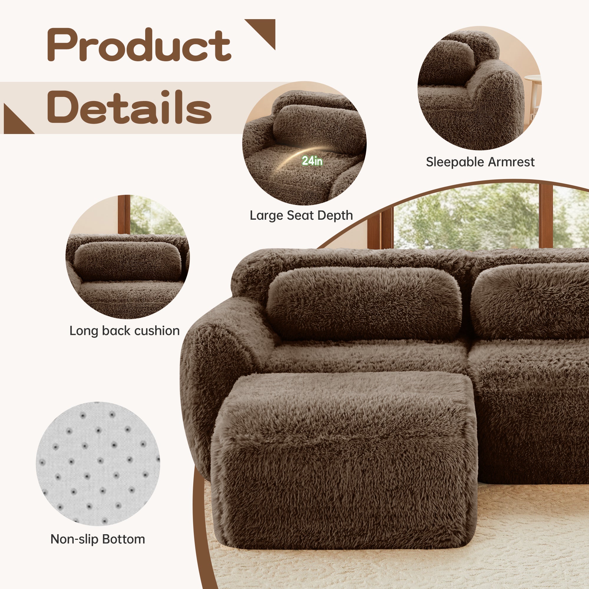 Product details of Modular Sofa - Chocolate U-Shaped showing sleepable armrest, large seat depth, and non-slip bottom.