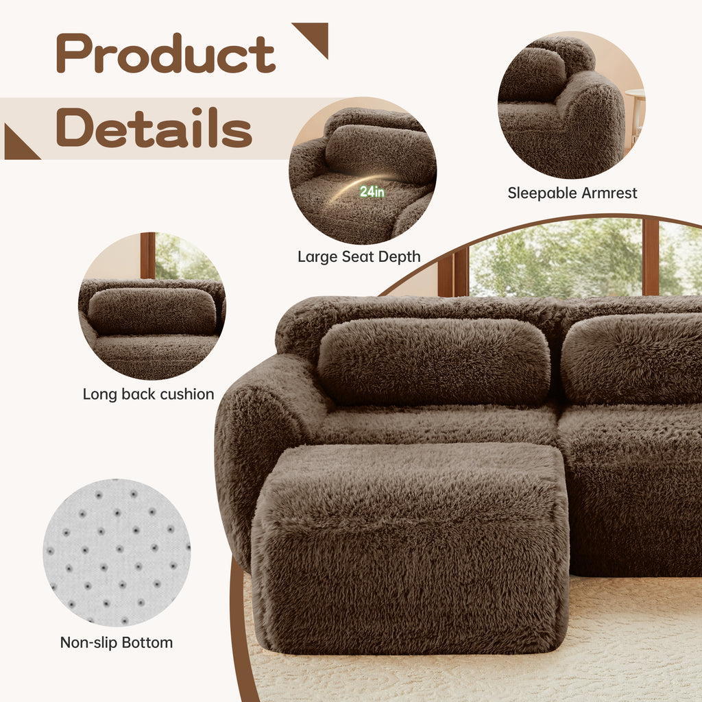 Detailed view of chocolate plush modular sofa features including sleepable armrest, non-slip bottom, and large seat depth.