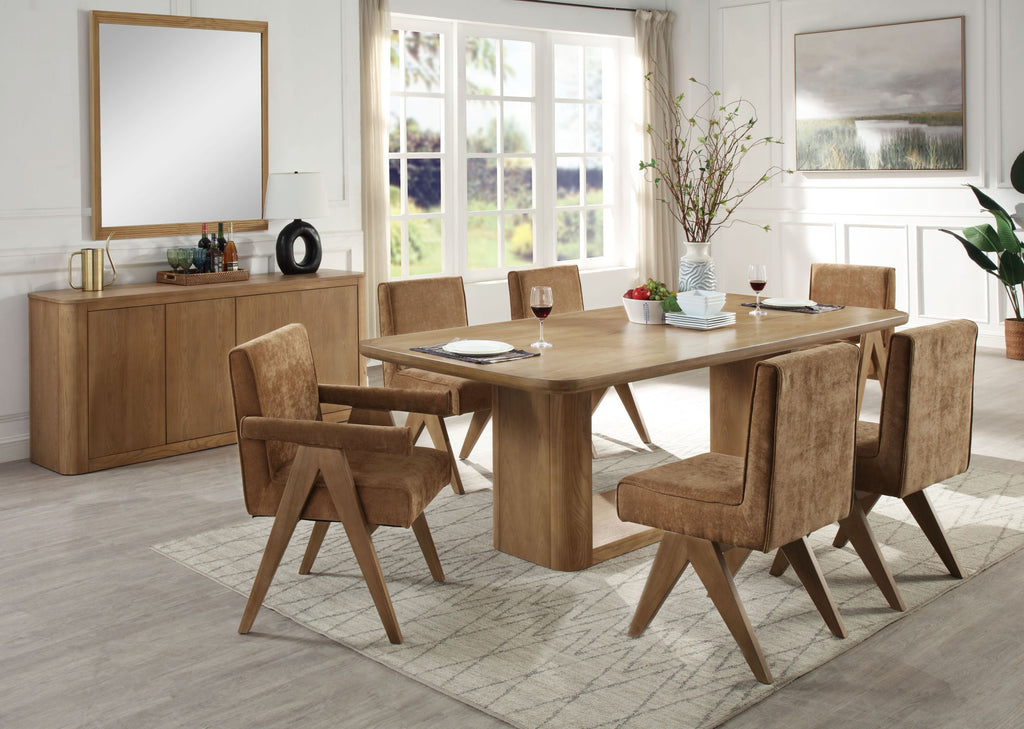 Zoey Dining Set - 7-piece oak dining set with upholstered chairs in a modern dining room. Includes table, 4 side chairs, and 2 arm chairs.