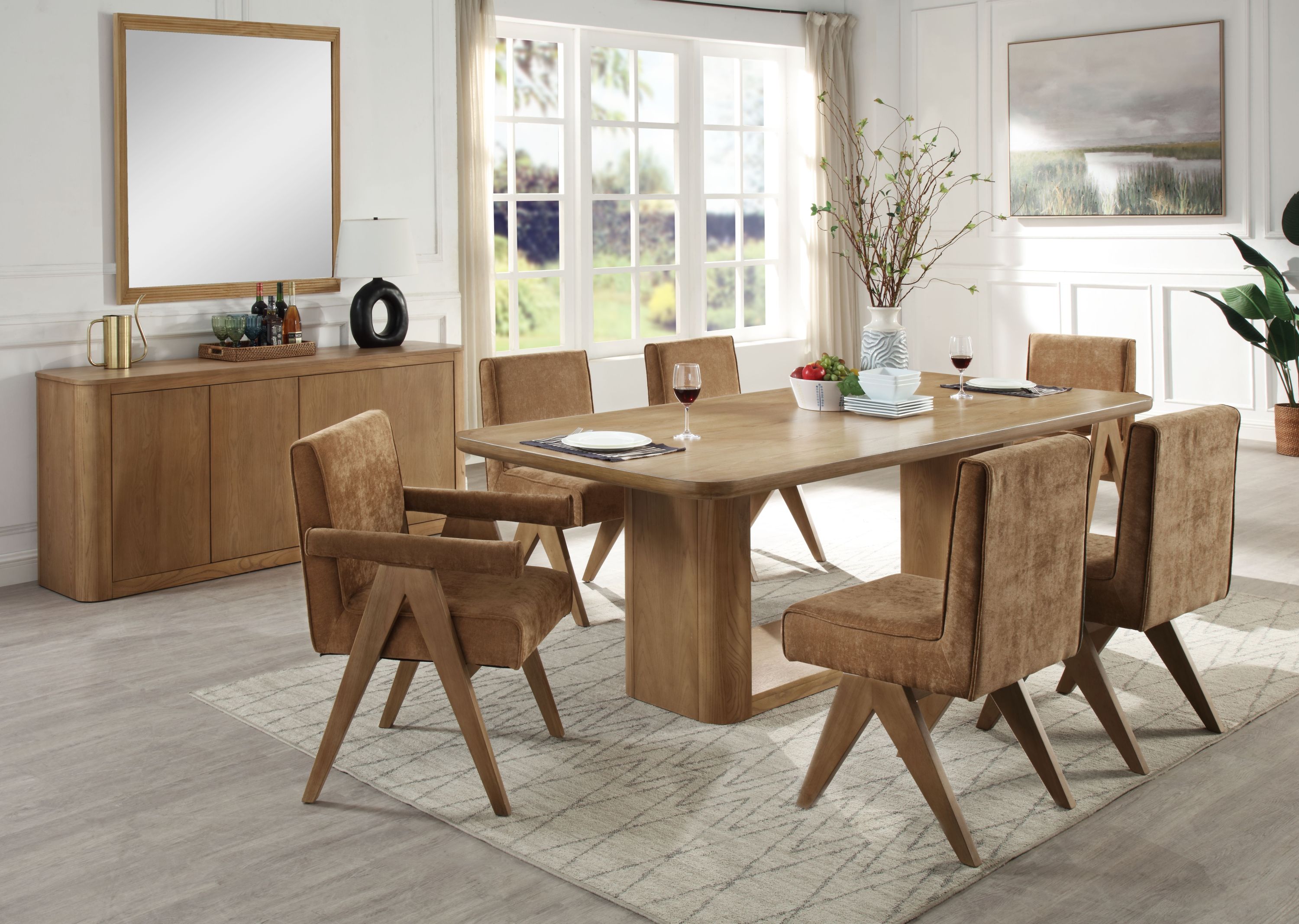 Zoey Dining Set - 7-piece oak dining set with upholstered chairs in a modern dining room. Includes table, 4 side chairs, and 2 arm chairs.