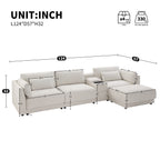 Detailed dimensions of L-Shaped sectional sofa with storage, showing seat height, depth, and modular layout for customizable comfort.