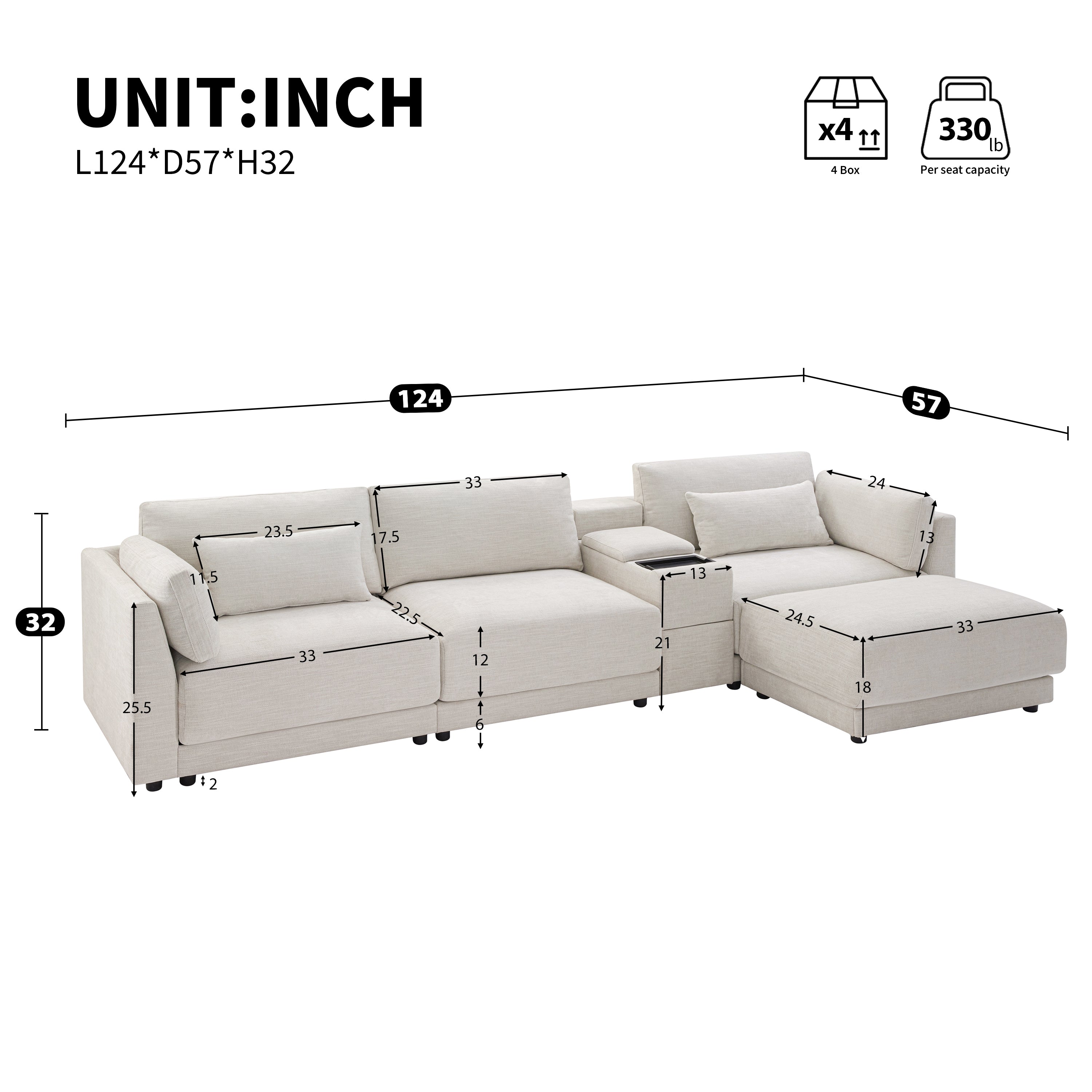 Detailed dimensions of L-Shaped sectional sofa with storage, showing seat height, depth, and modular layout for customizable comfort.