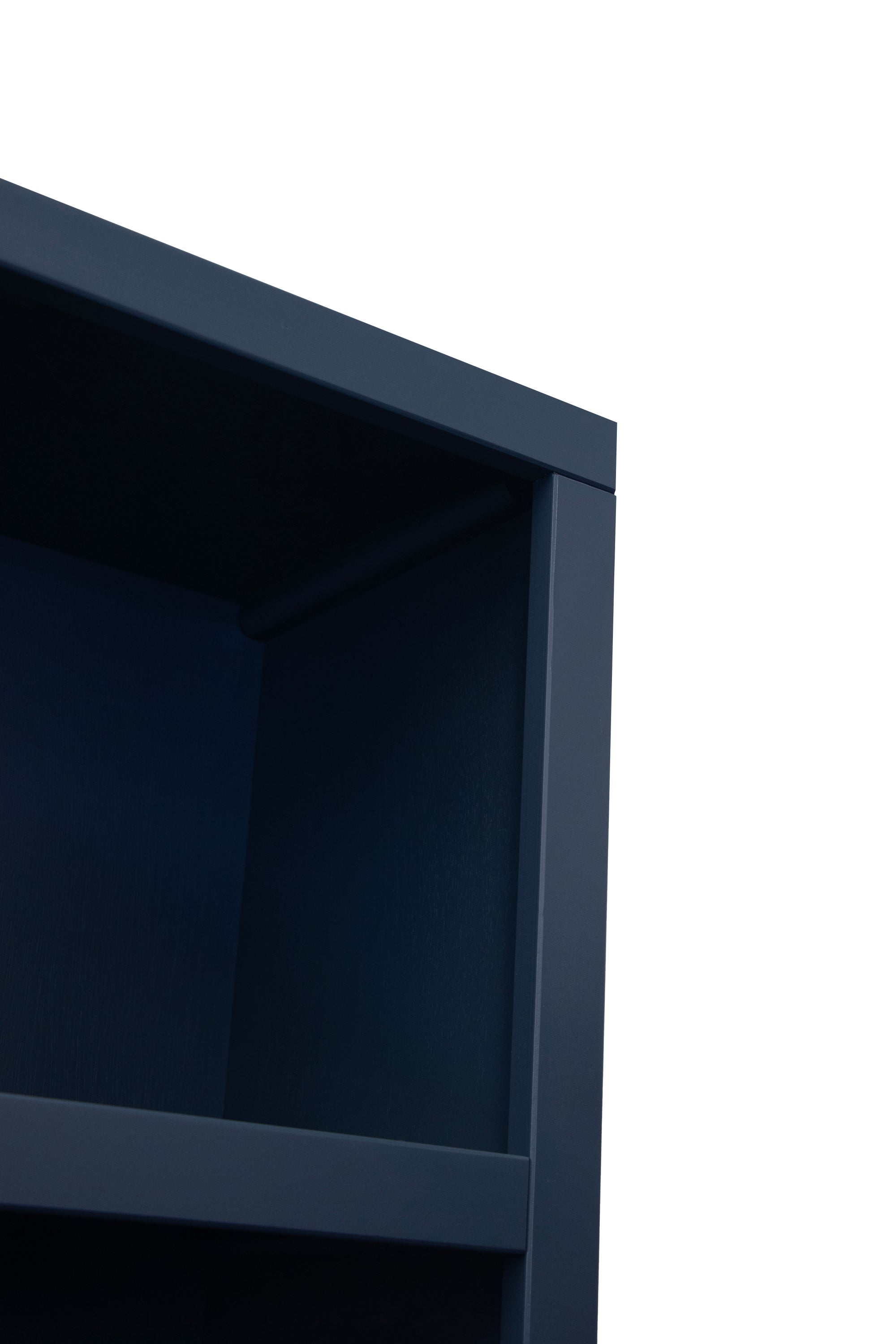 Detail of the shelf corner on the Nora 82 Inch Bookcase in blue denim, highlighting the smooth wood craftsmanship.