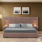 Front view of queen upholstered bed with built-in headboard and side tables, featuring ambient lighting and no box spring design.