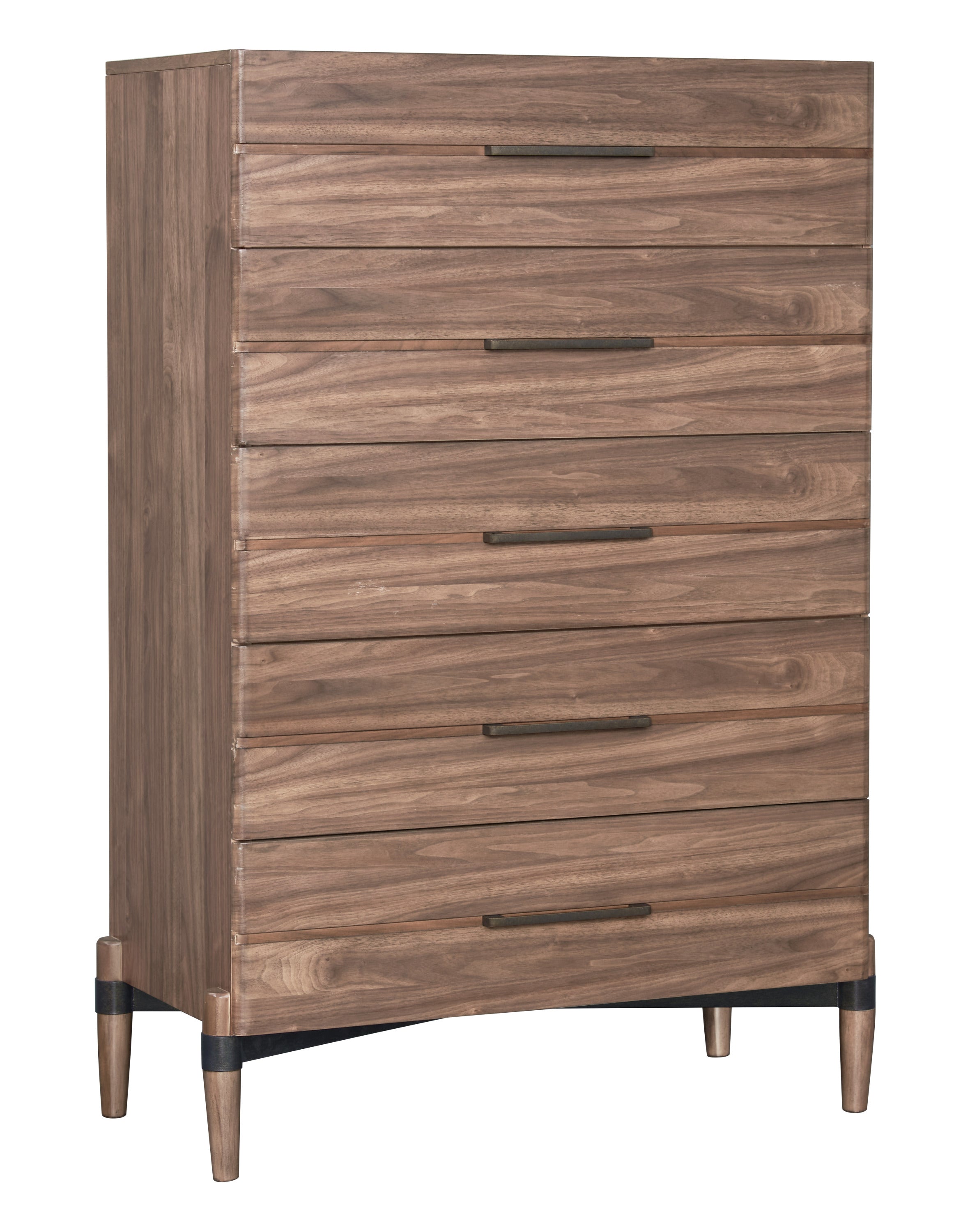 Chest of drawers walnut finish featuring 5 drawers and tapered legs. Tranquility Collection design with no assembly needed.