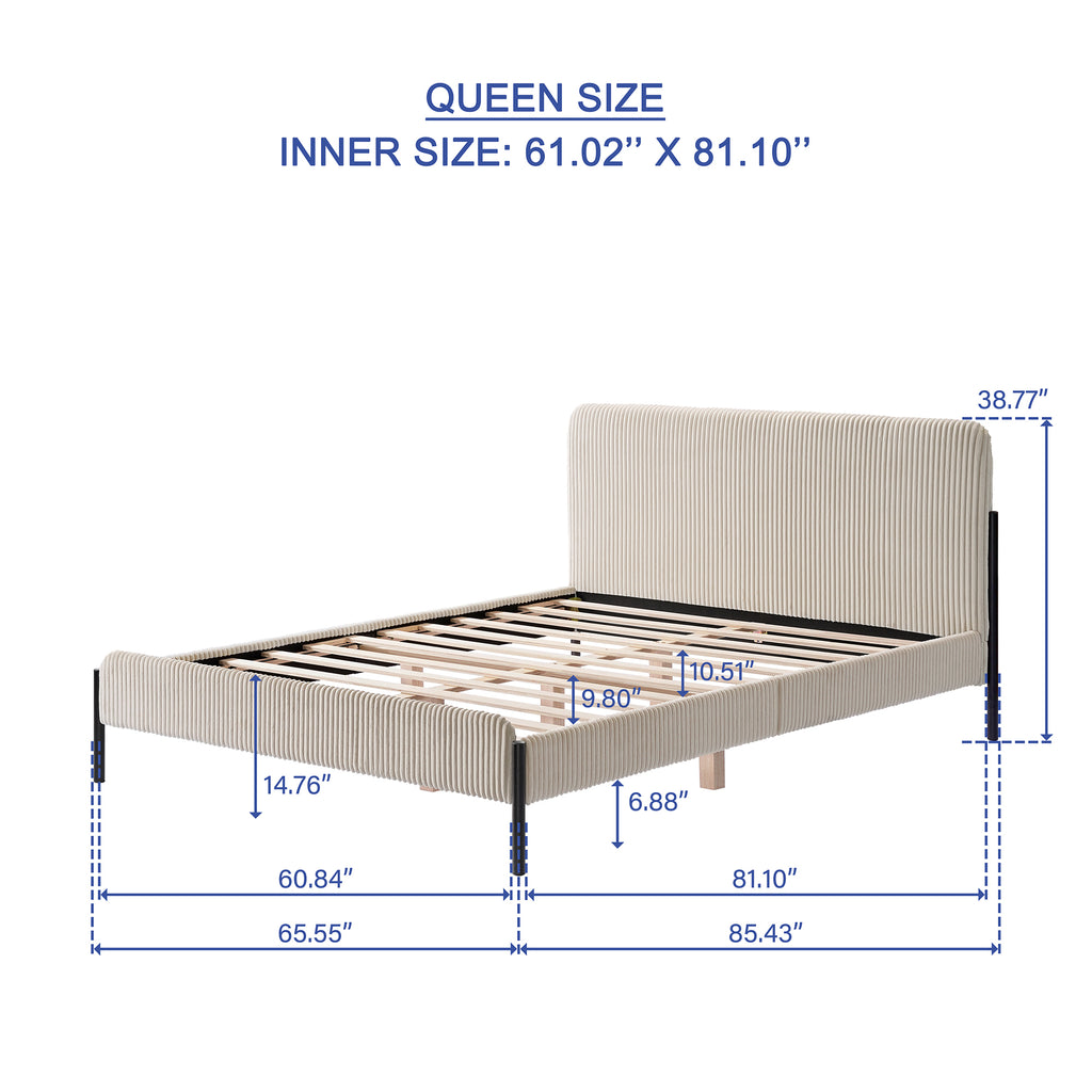 Cream Corduroy Queen Upholstered Bed With Metal Leg