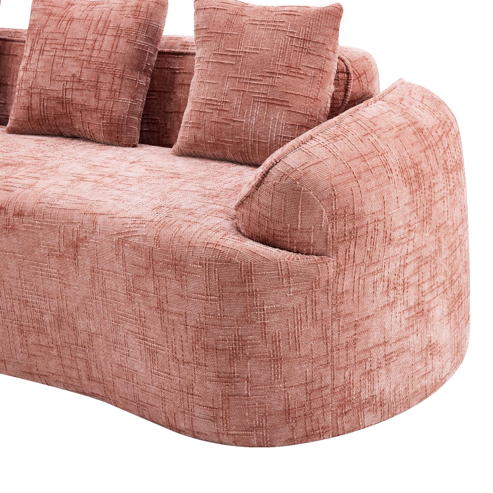 Close-up of armrest and cushions on Pink Chenille L-Shaped Sofa highlighting curved design and soft upholstery.
