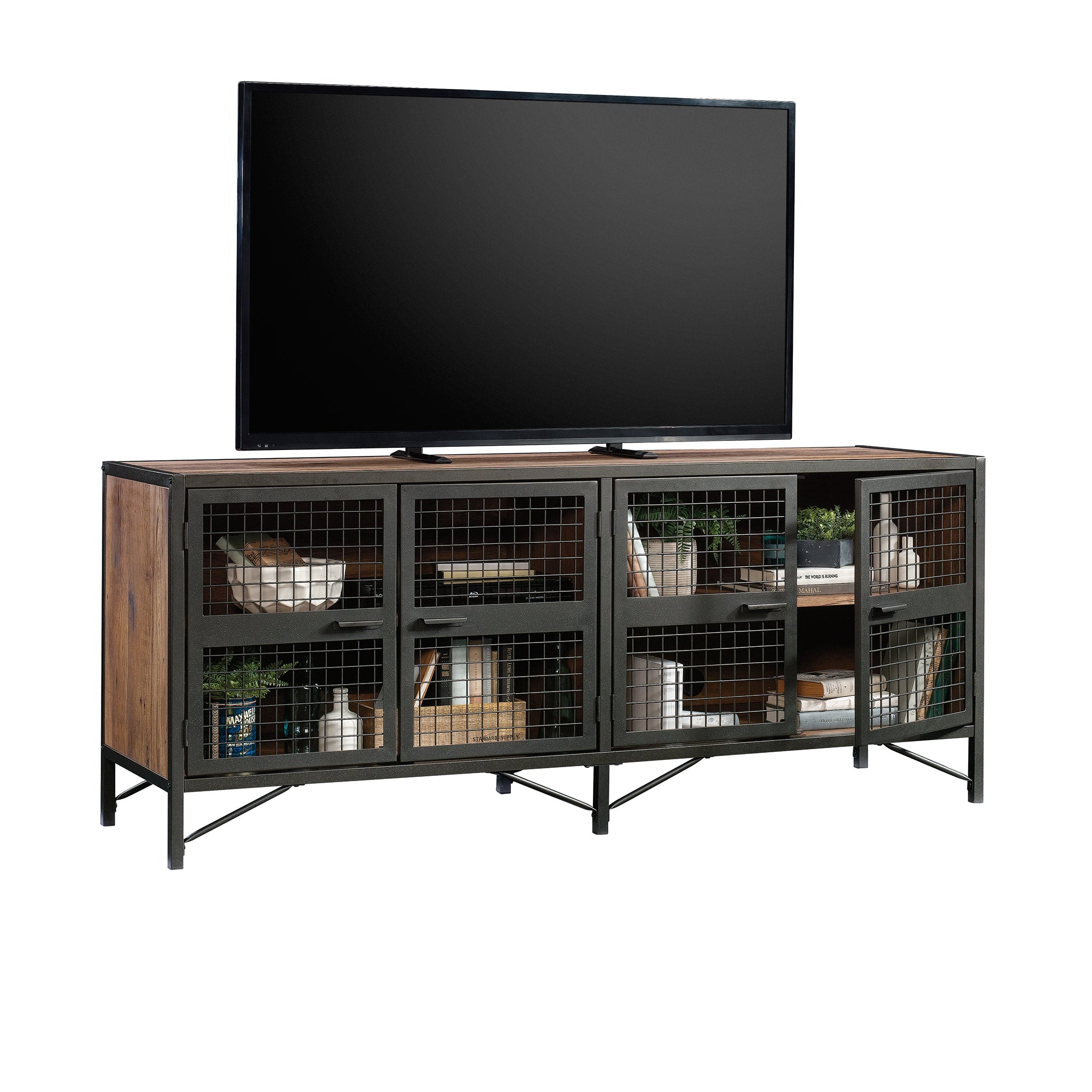 Angled view of Industrial Brown TV Credenza with TV and decor items, perfect for stylish and functional living room organization.