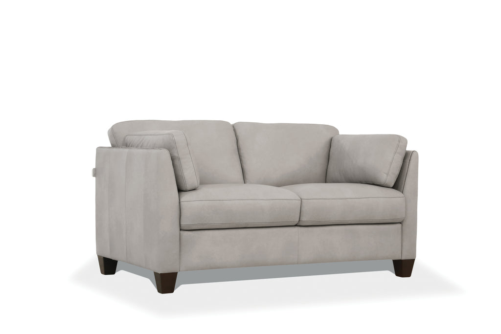 Matias Italian Leather Loveseat in Dusty White with Walnut Legs