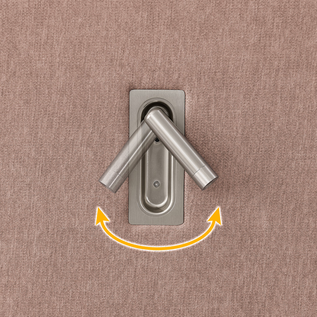 Rotating LED reading light mounted on queen bed headboard, demonstrating flexible lighting for bedside use.