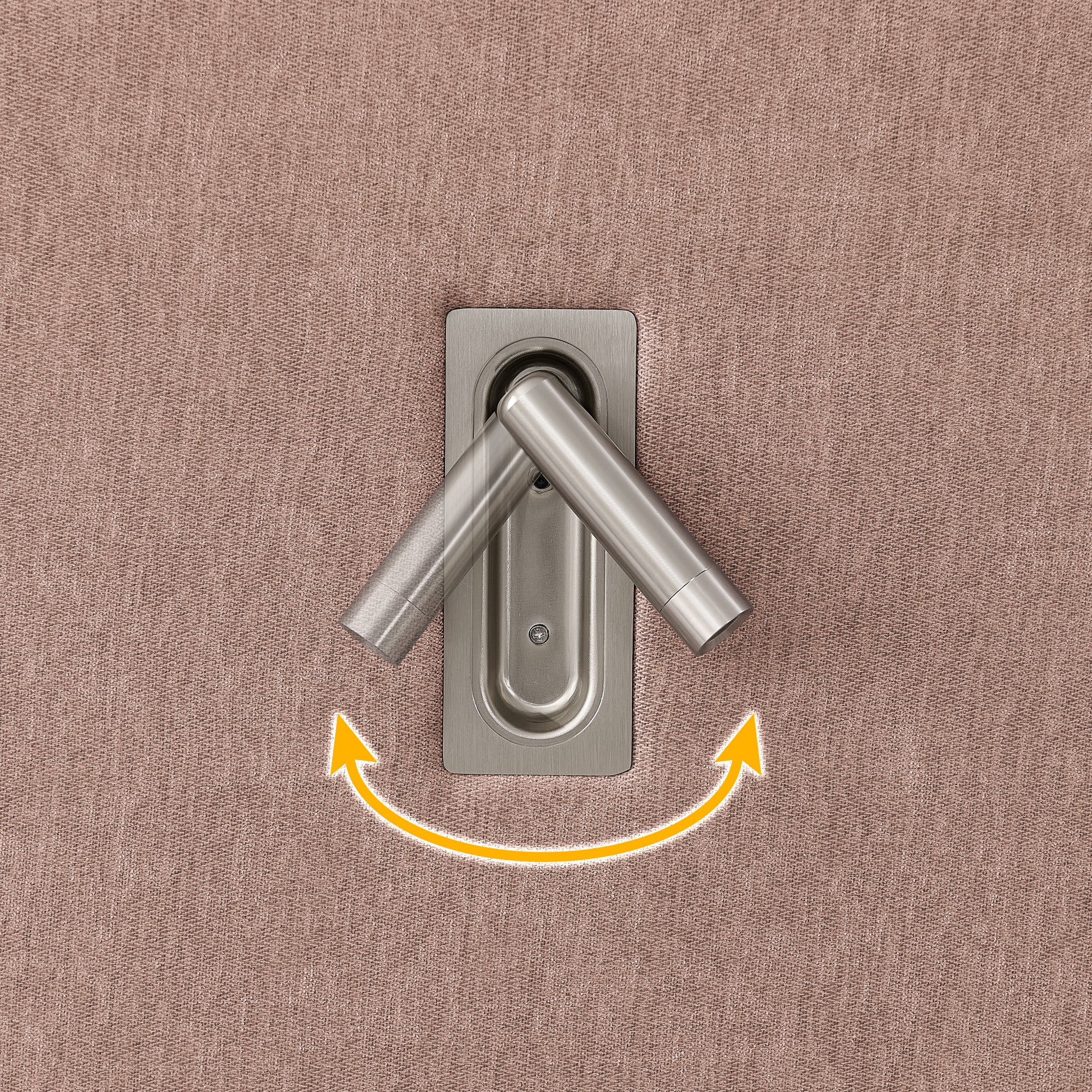 Rotating LED reading light mounted on queen bed headboard, demonstrating flexible lighting for bedside use.