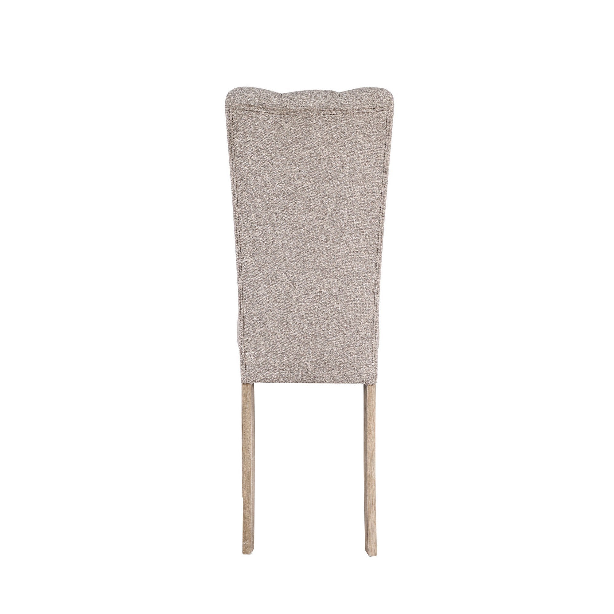 Back view of Modern Beige Dining Chair showcasing curved tufted backrest and sturdy rubberwood construction.