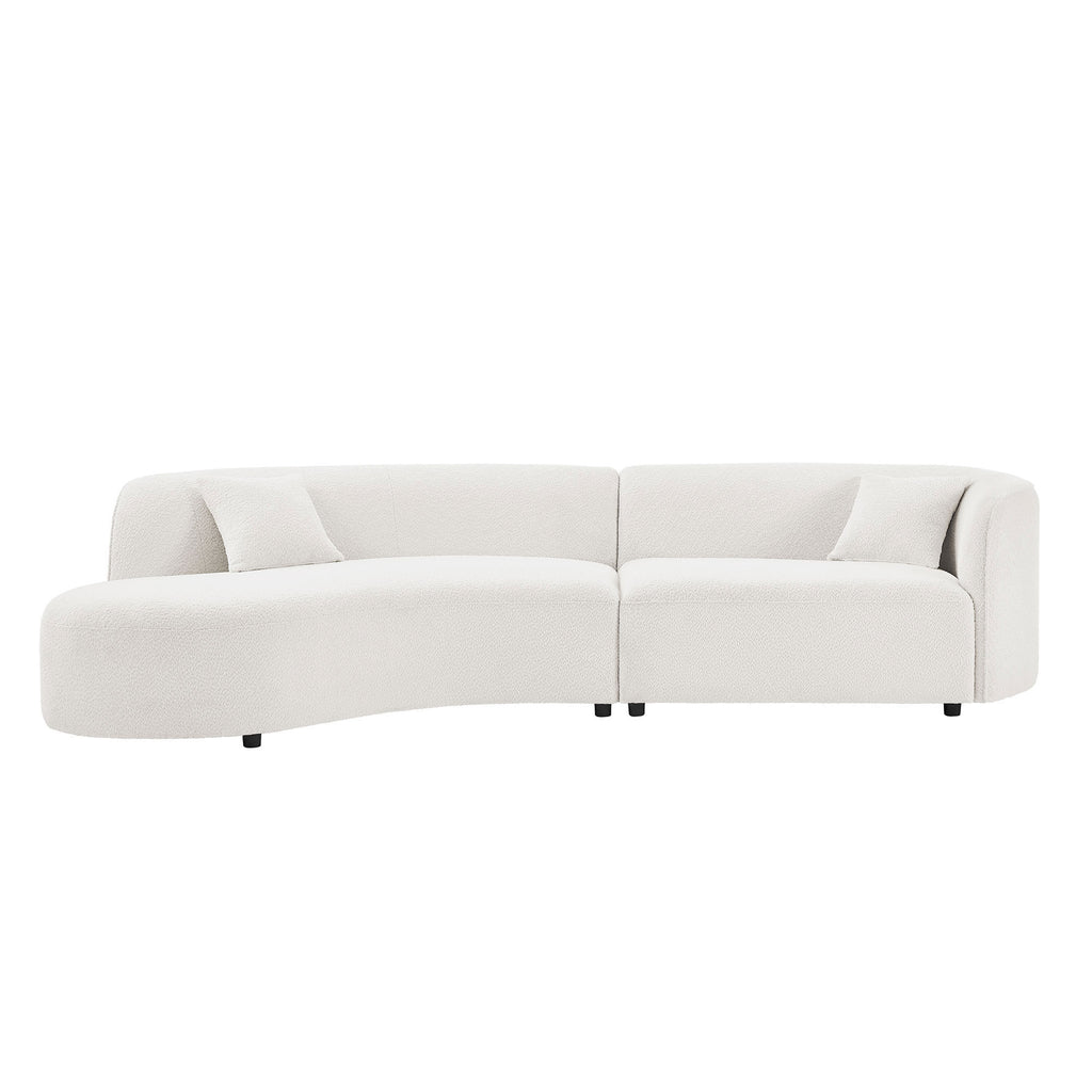 Curved sofa set in modern white bouclé with left-facing sectional design and solid wood frame, ideal for contemporary living rooms.