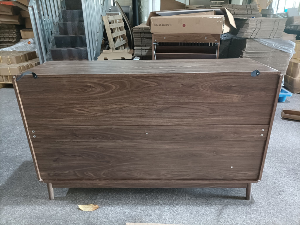Back view of walnut buffet cabinet showing wood grain finish and construction details. Sturdy and stylish dining room storage.