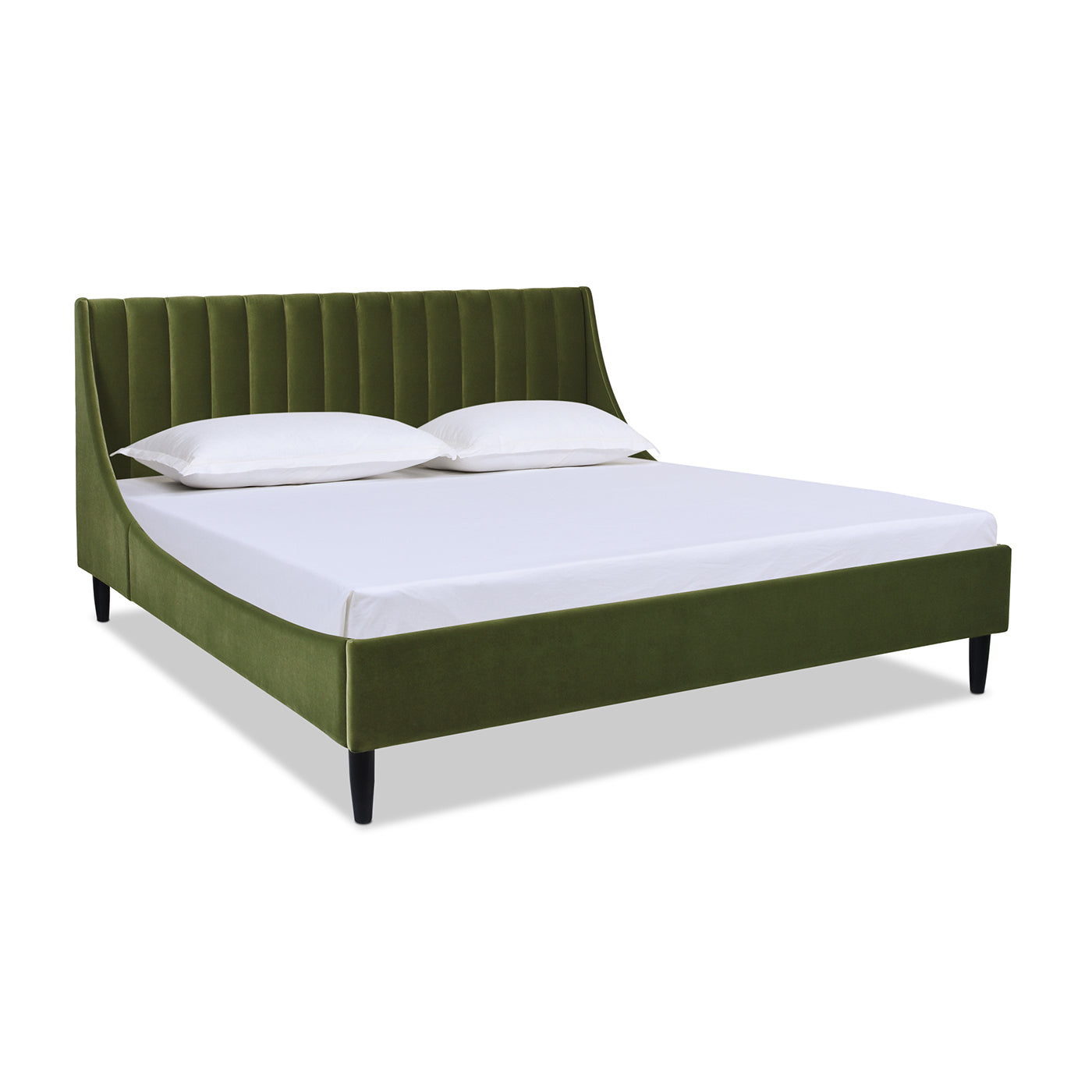 Aspen Olive Green Velvet King Bed Set with mattress and pillows, featuring low-profile platform design and elegant velvet finish.