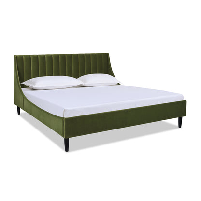 Aspen Olive Green Velvet King Bed Set with mattress and pillows, featuring low-profile platform design and elegant velvet finish.