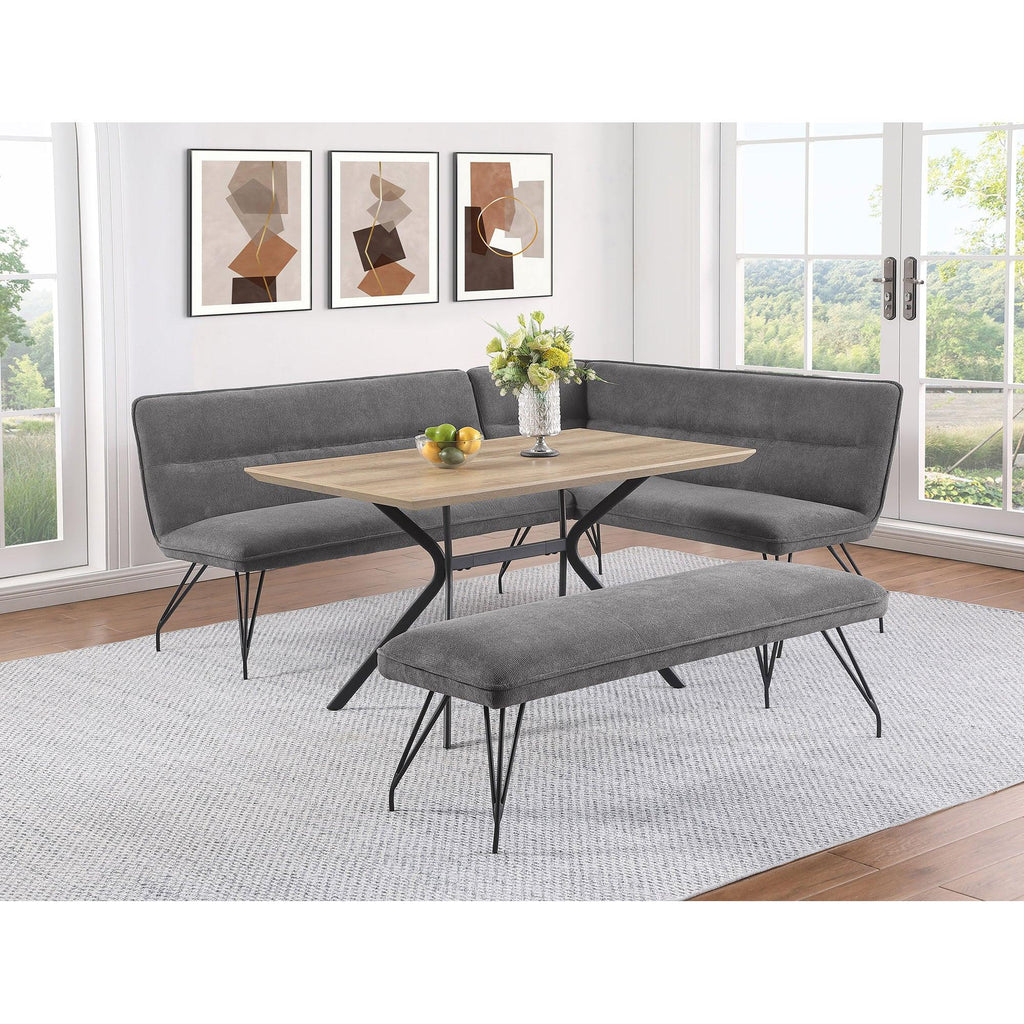 L-Shaped Dining Bench with Grey Upholstery and Retro Design.