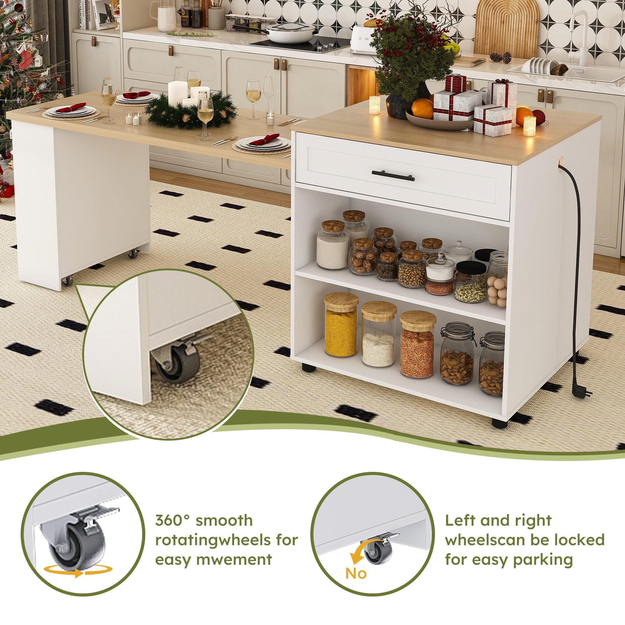 Expandable Kitchen Island with Dining Table & Power Outlet.