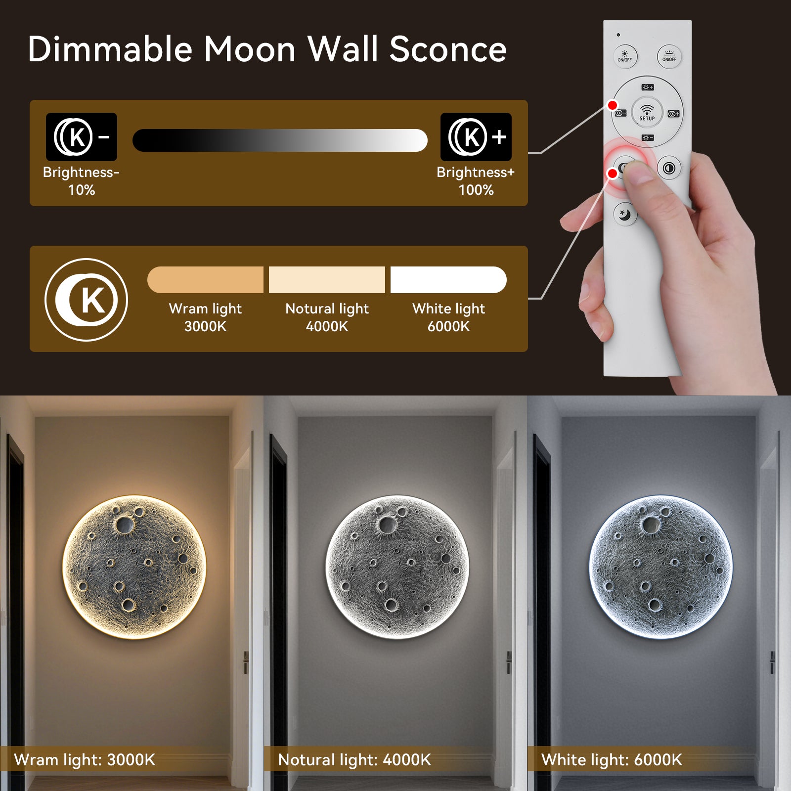 Dimmable LED Moon Wall Light with Remote Control showing adjustable brightness and color temperatures from 3000K to 6000K in different room settings.