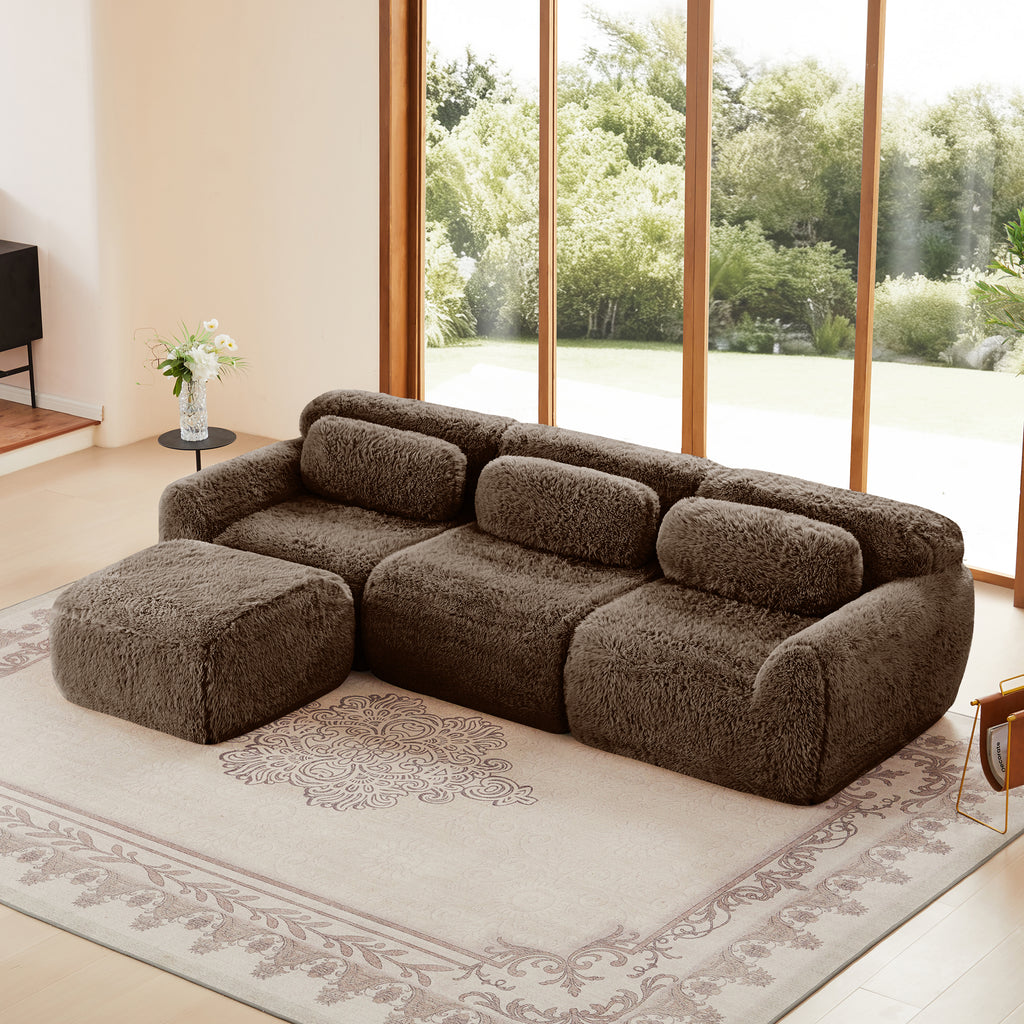 Chocolate plush modular sofa with movable ottoman in a bright living room, featuring a non-slip design and three-seat configuration.