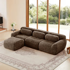 Chocolate plush modular sofa with movable ottoman in a bright living room, featuring a non-slip design and three-seat configuration.