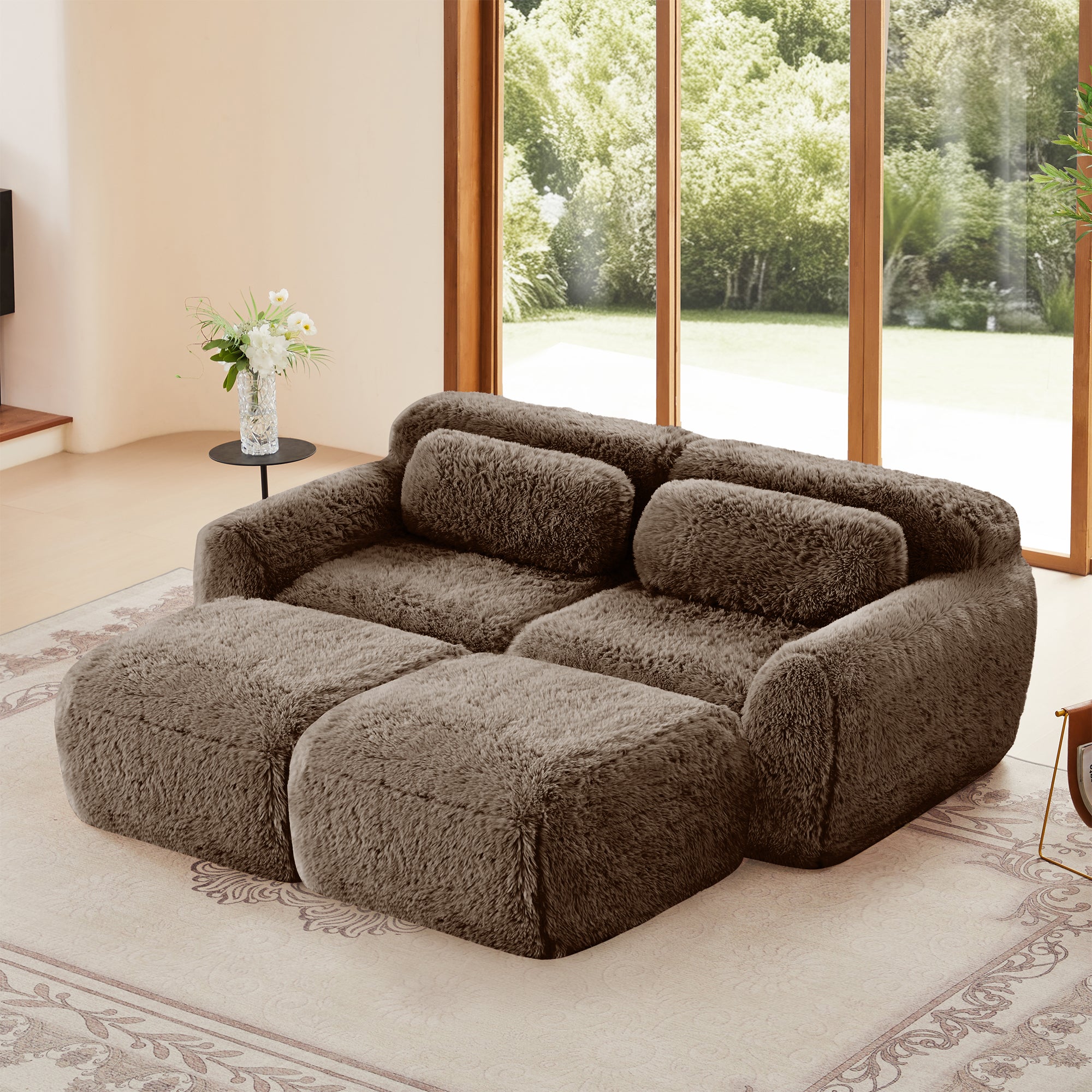 Modular Sofa - Plush, No Assembly | 80'' Fabric, Anti-Slip; brown sectional sofa with deep seats and plush texture in a sunlit living room.