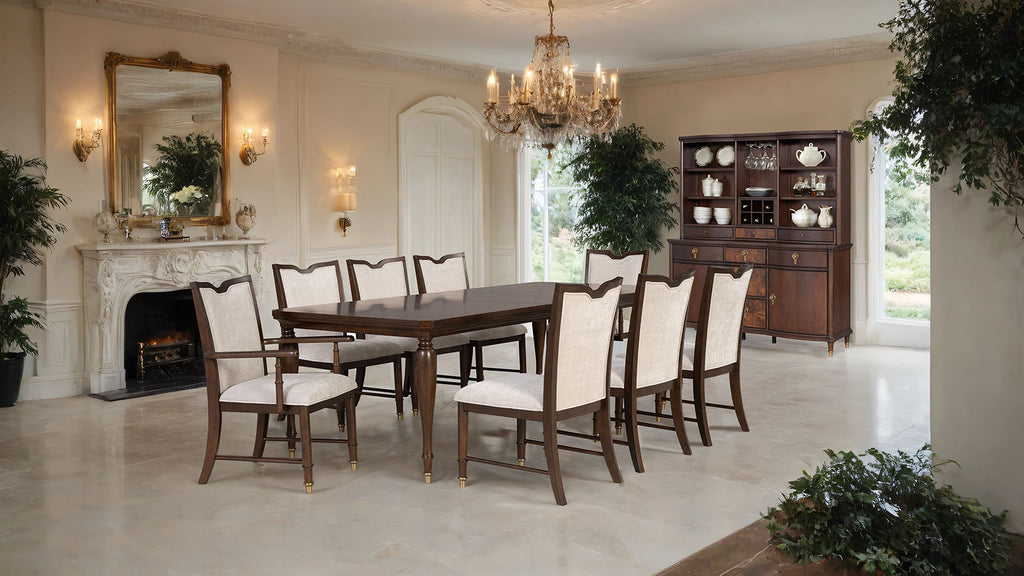 Elegant dining room setup with transitional dining chairs featuring upholstered seats and solid wood frames around a large table.