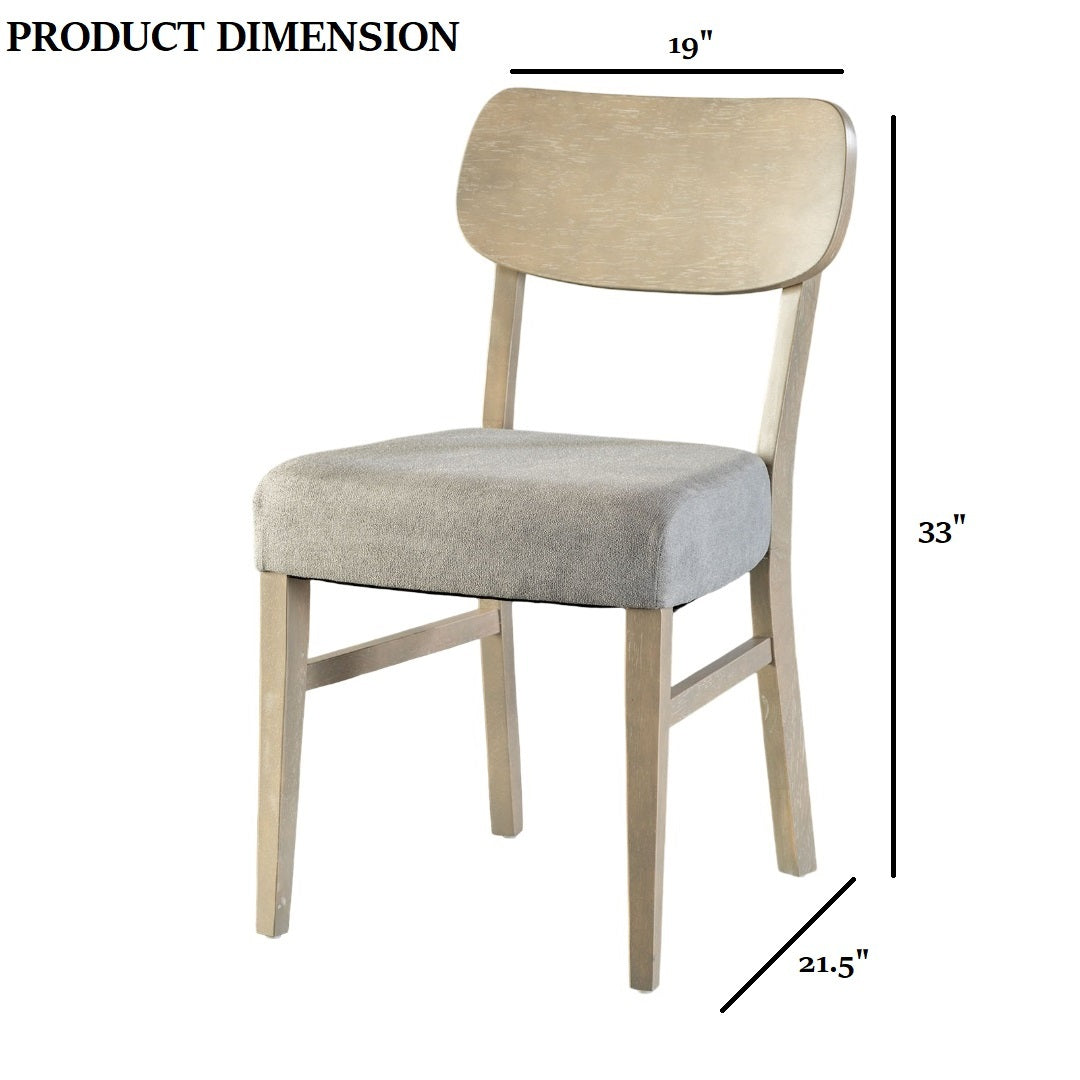 Transitional gray dining chair with dimensions 33"H x 19"W x 21.5"D, featuring padded seat and tapered legs.