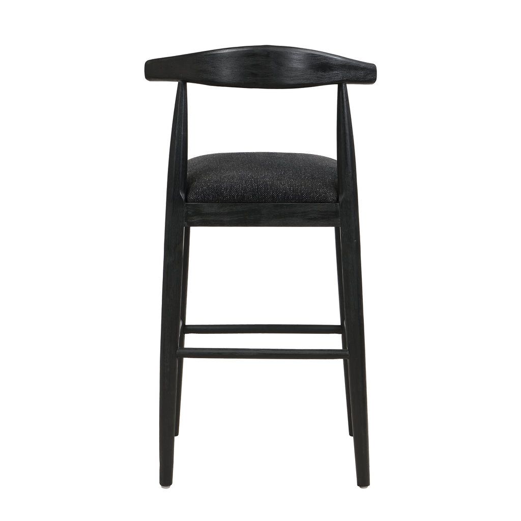 Rear view of black fabric bar stool showing curved open backrest and solid wood legs, designed for contemporary interiors.