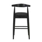 Rear view of black fabric bar stool showing curved open backrest and solid wood legs, designed for contemporary interiors.